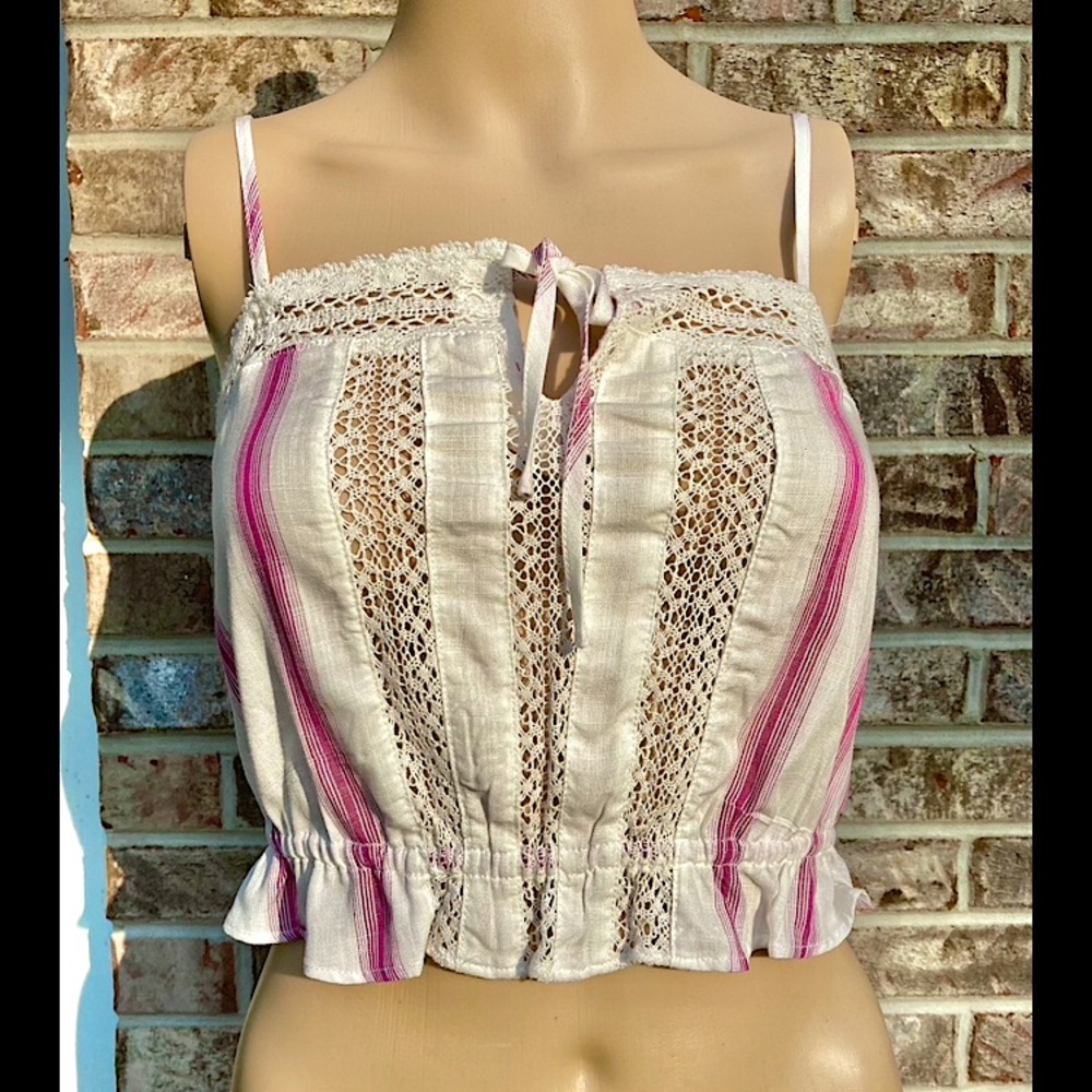 Aeropostale Coquette White and Pink Stripe Cotton Lace Top
